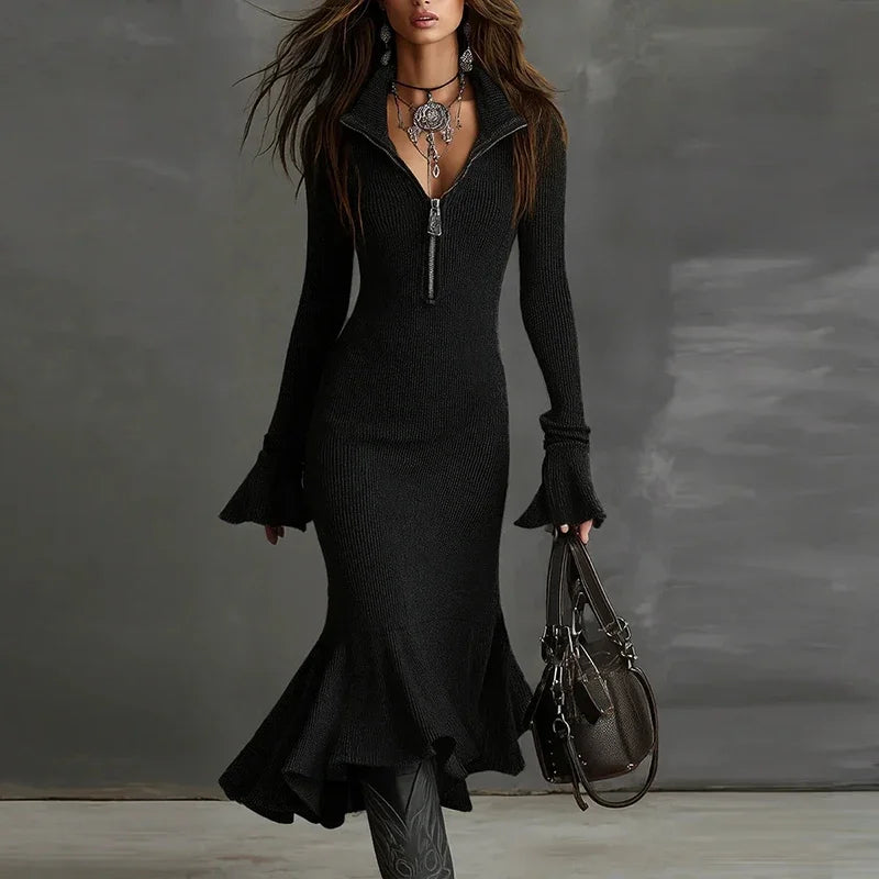 Sophia | Stylish Ribbed Zip-Front Mermaid Sweater Dress