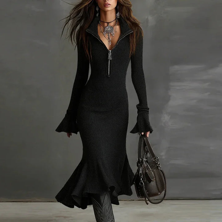 Sophia | Stylish Ribbed Zip-Front Mermaid Sweater Dress