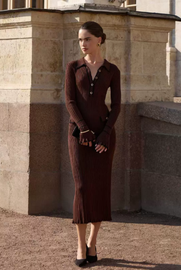 Stephanie | Sophisticated Ribbed Knit Sweater Dress with Contrast Trim