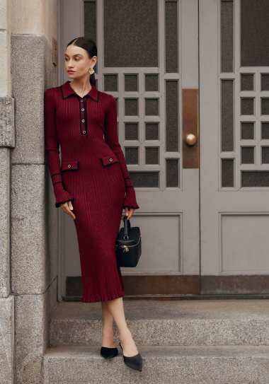 Stephanie | Sophisticated Ribbed Knit Sweater Dress with Contrast Trim
