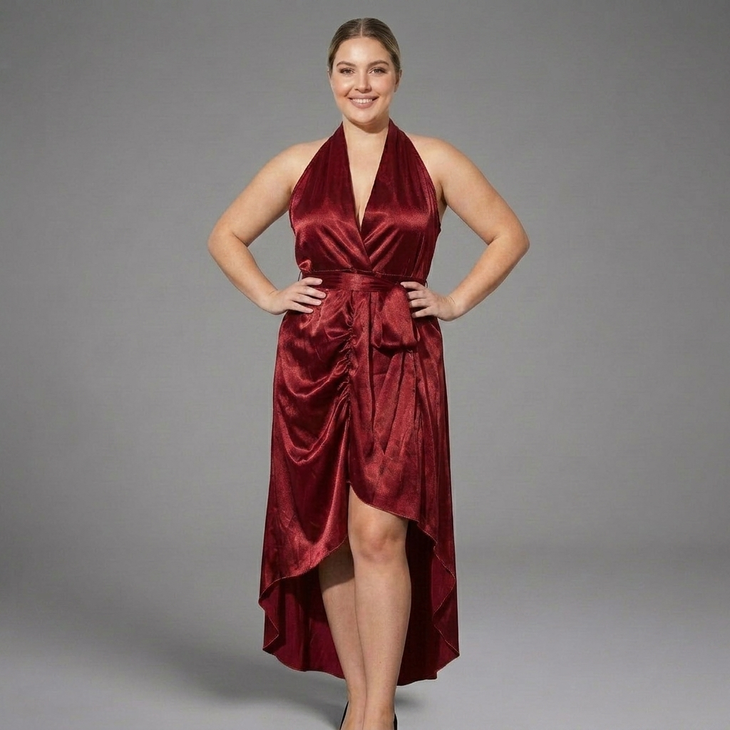 Stephanie | Stylish Halter Wrap High-Low Holiday Dress