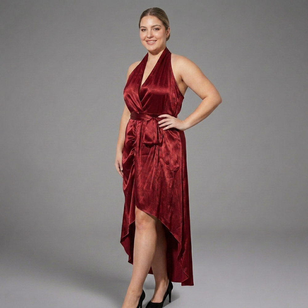 Stephanie | Stylish Halter Wrap High-Low Holiday Dress
