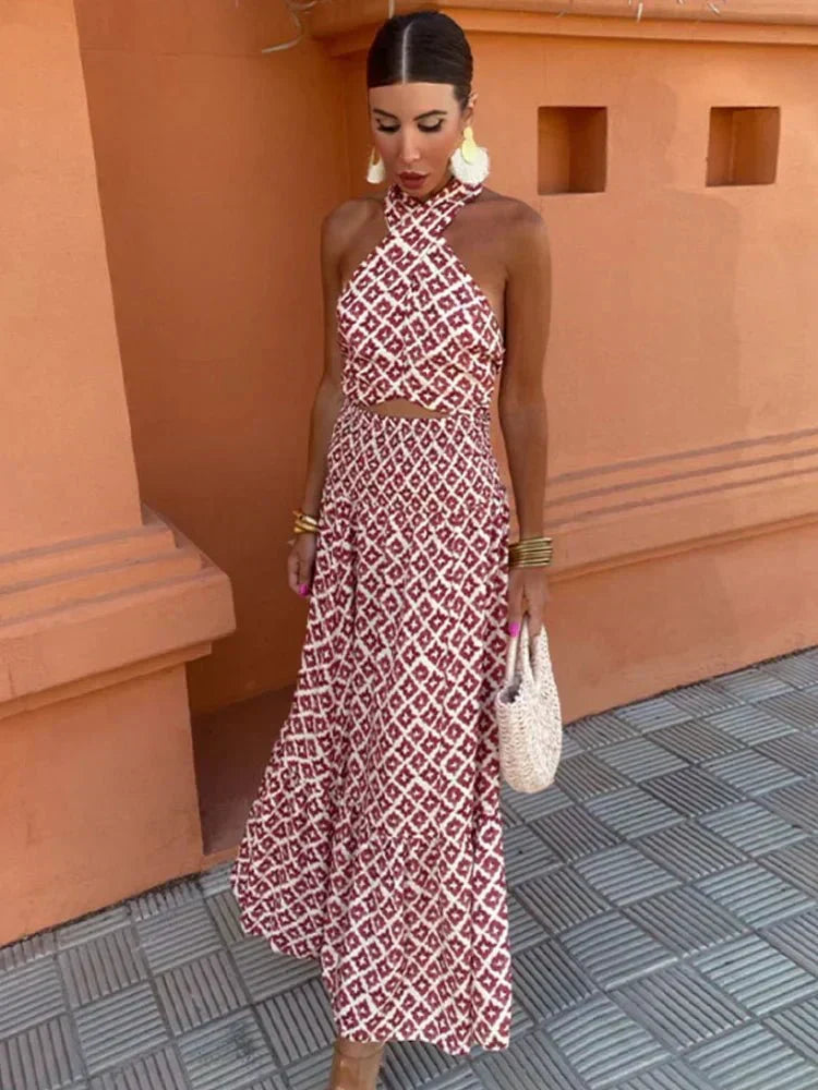Stephanie | Timeless Halter Neck Holiday Maxi Dress with Geometric Print