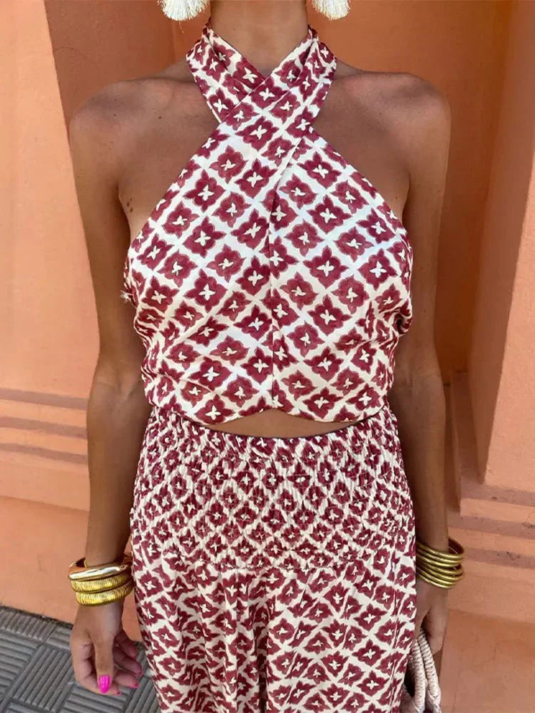 Stephanie | Timeless Halter Neck Holiday Maxi Dress with Geometric Print