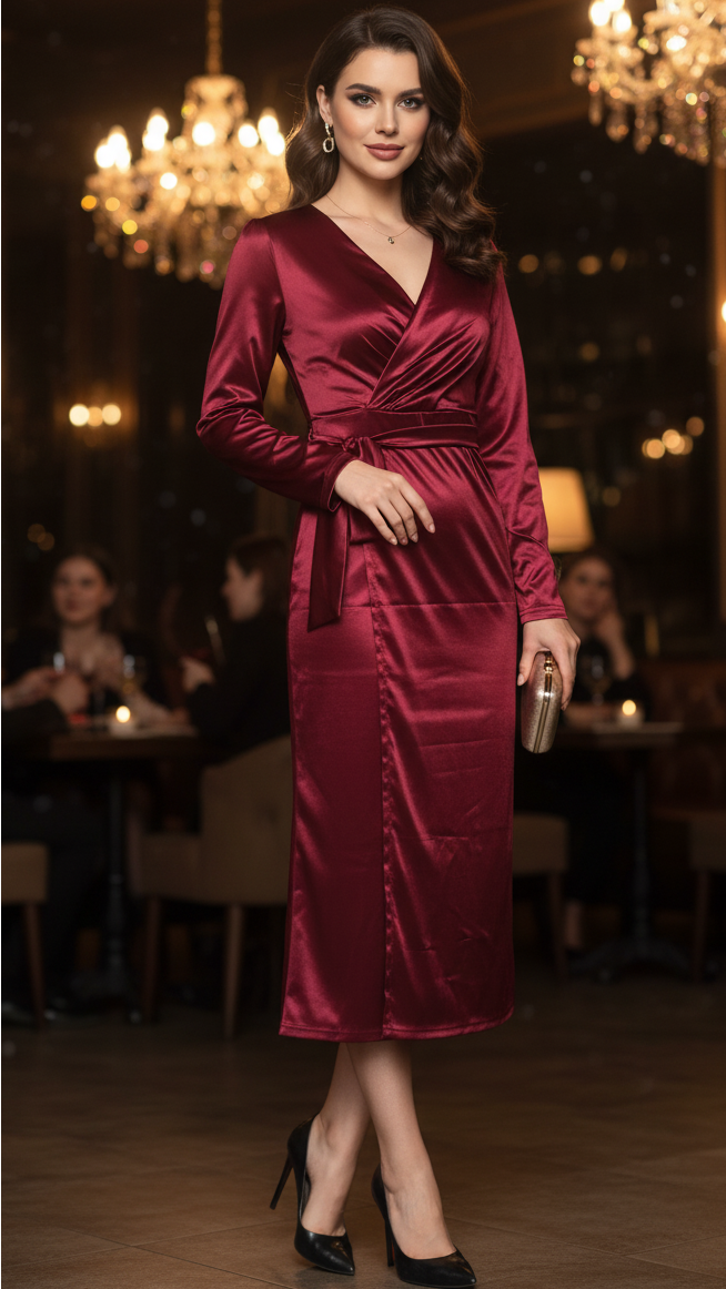 Teresa | Sophisticated Long Sleeve Wrap Fall Wedding Guest Dress
