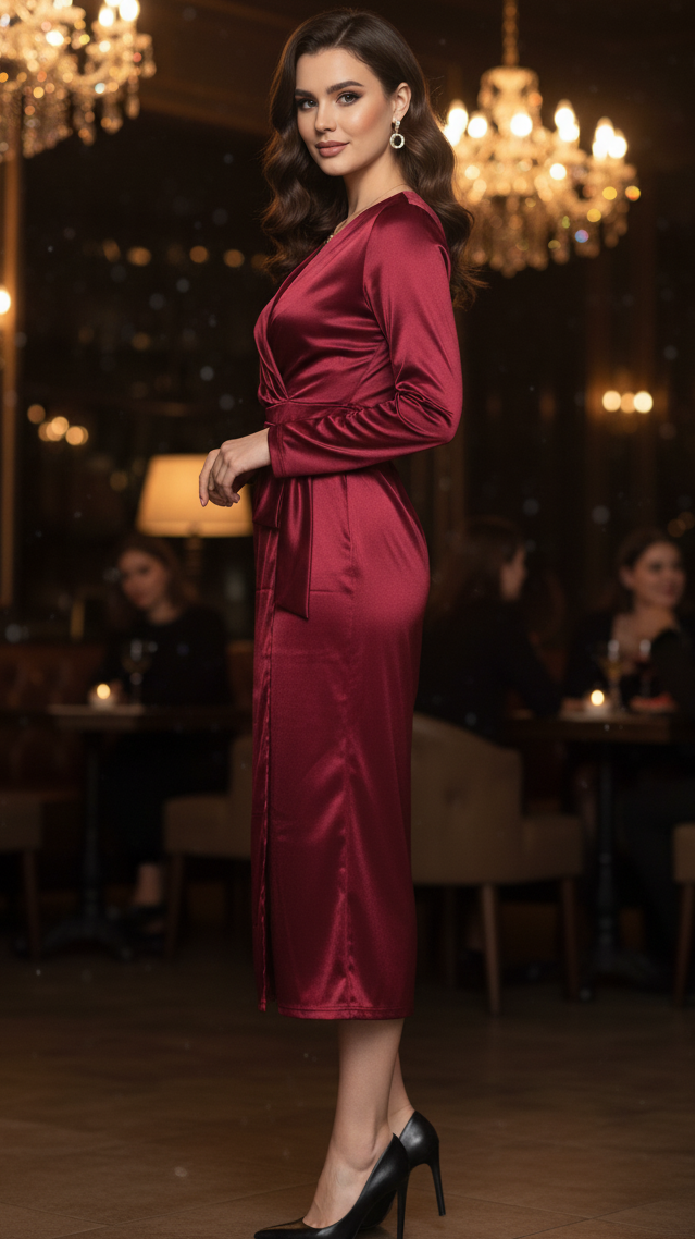 Teresa | Sophisticated Long Sleeve Wrap Fall Wedding Guest Dress