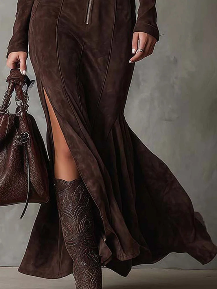 Theresa | Classic Belted Zip-Front Fall Wedding Guest Maxi Dress