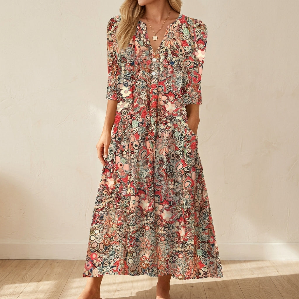 Theresa | Elegant Floral Print V-Neck Holiday Dress