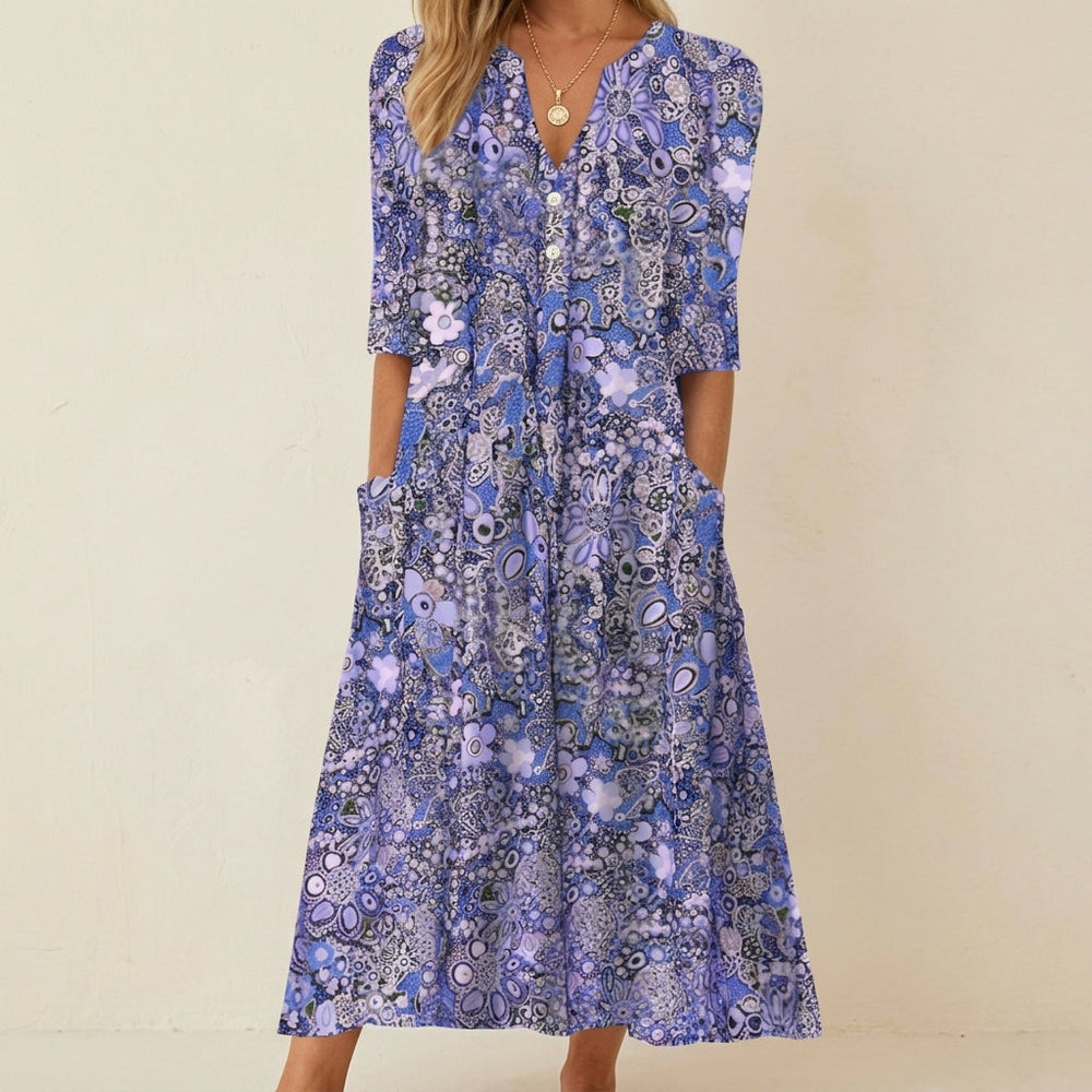 Theresa | Elegant Floral Print V-Neck Holiday Dress