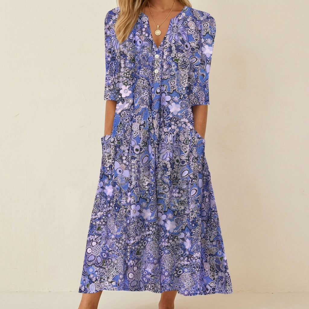 Theresa | Elegant Floral Print V-Neck Holiday Dress