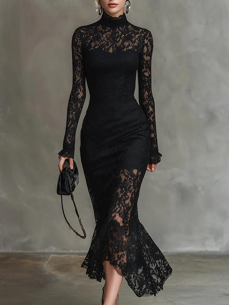 Theresa | Graceful Lace Mock Neck Winter Wedding Guest Dress