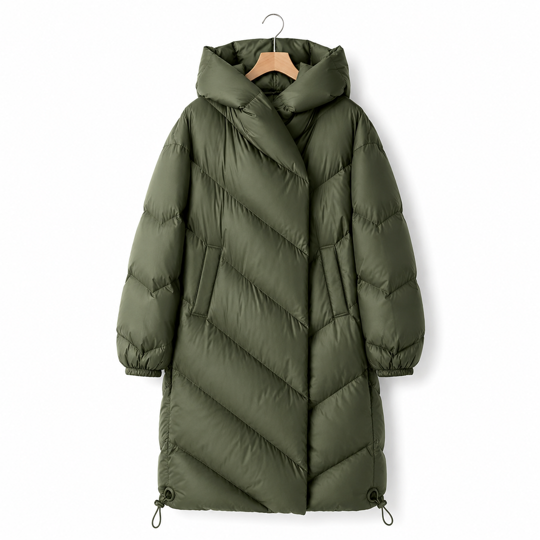 Theresa | Long Hooded Chevron Quilted Puffer Jacket