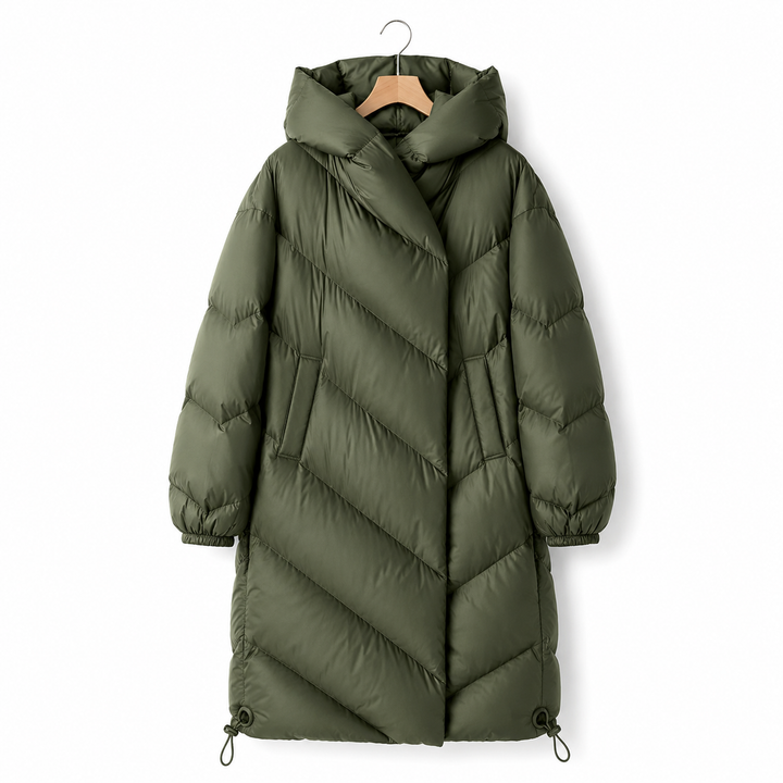 Theresa | Long Hooded Chevron Quilted Puffer Jacket