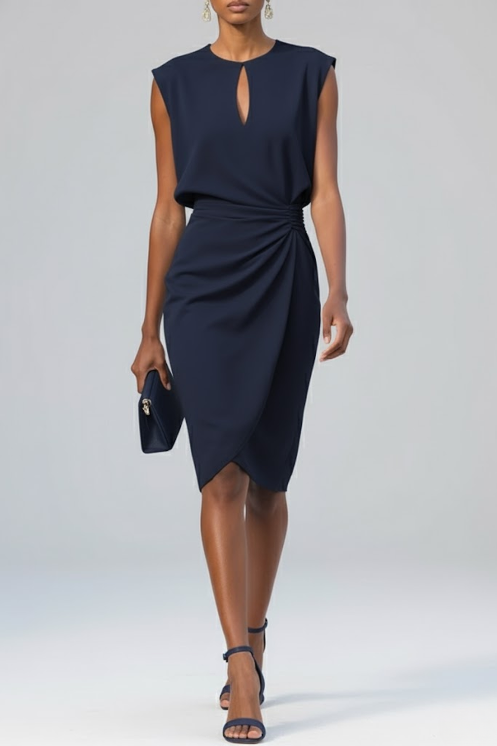 Theresa | Sophisticated Keyhole Ruched Midi Fall Wedding Guest Dress