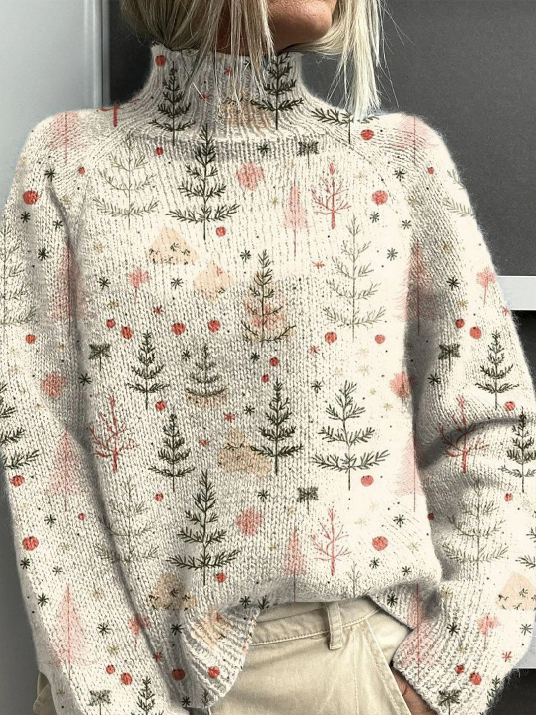 Tiffany | Graceful Christmas Cardigan Tree Print Turtleneck Sweater
