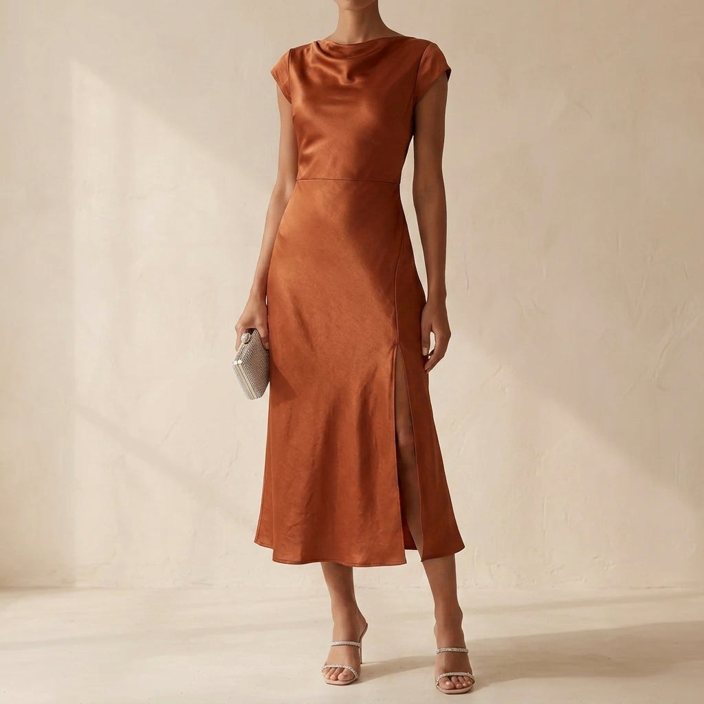 Tiffany | Sophisticated Satin Midi Holiday Dress