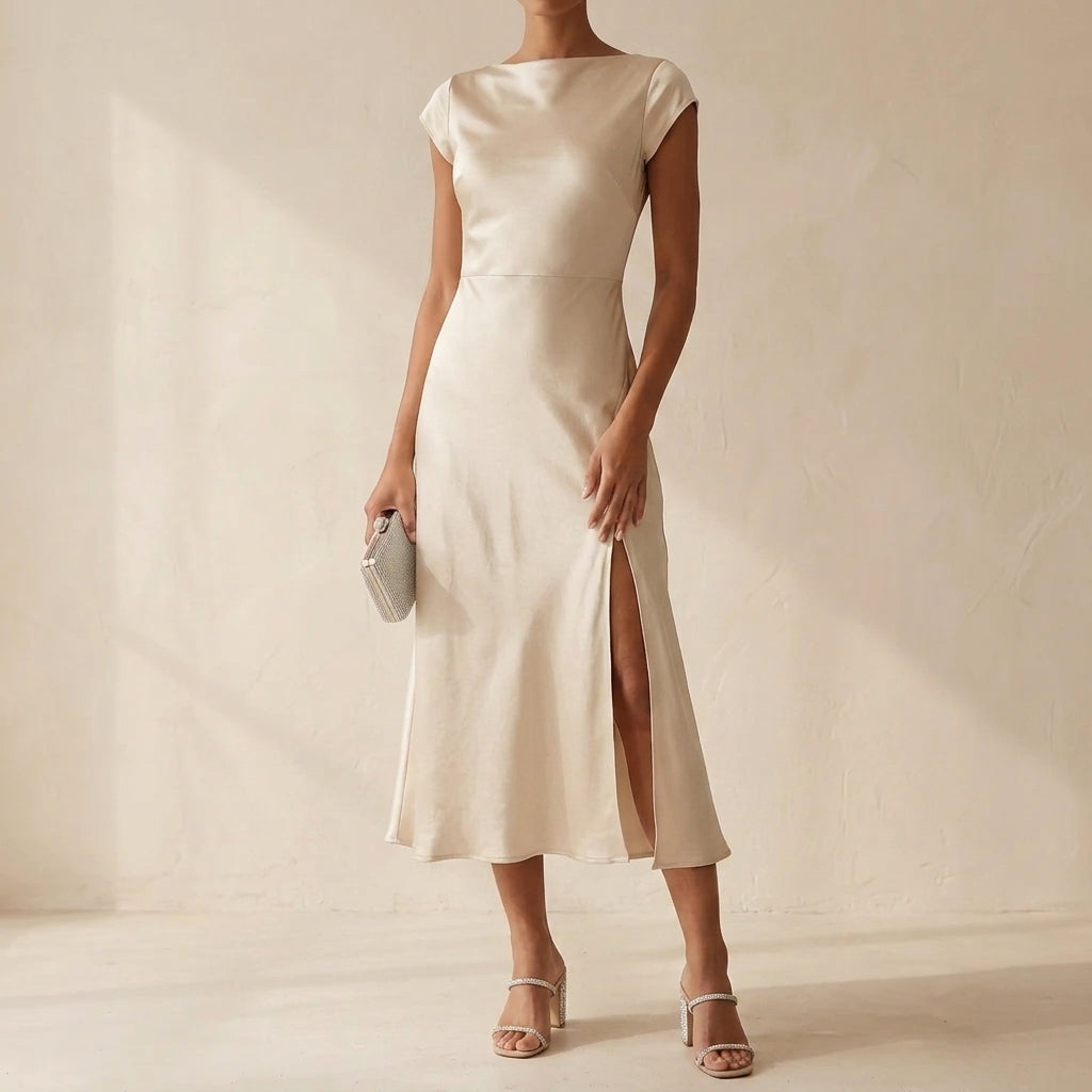 Tiffany | Sophisticated Satin Midi Holiday Dress