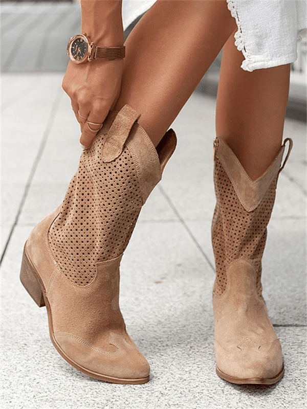 Tiffany | Stylish Perforated Block Heel Ankle Boots