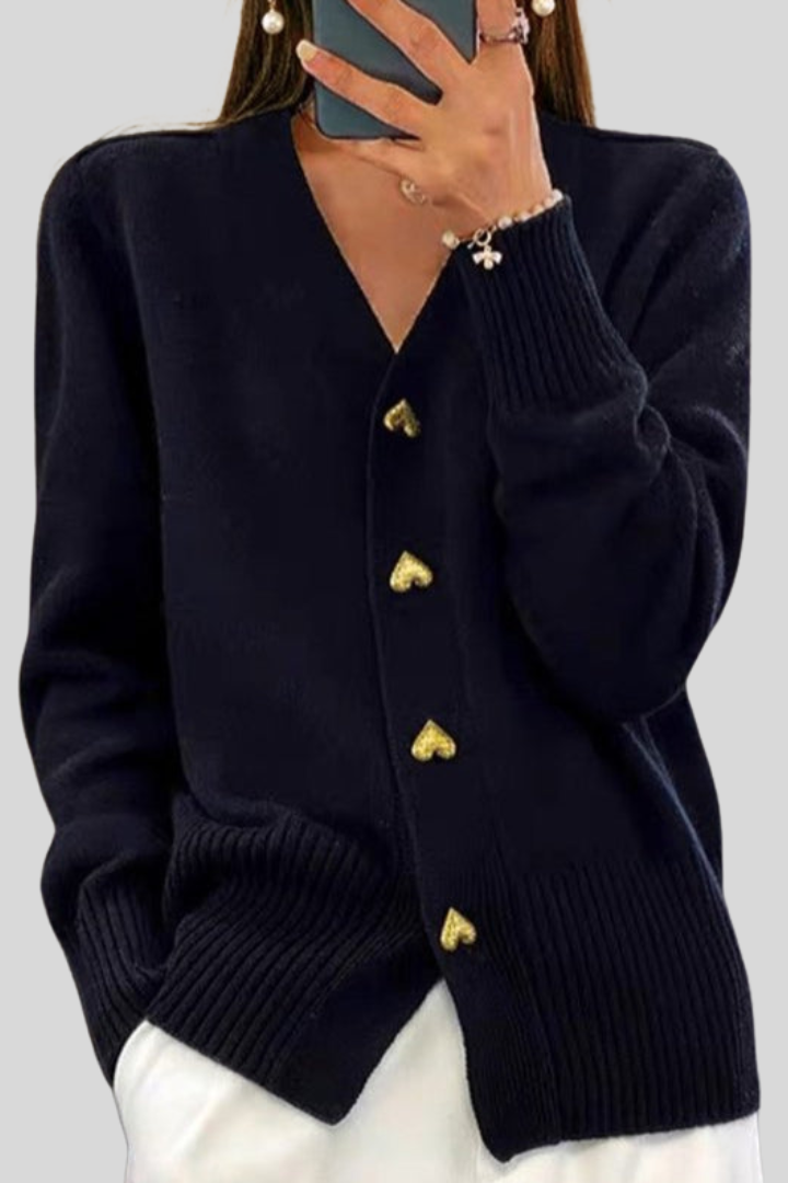 Victoria | Chic V-Neck Heart Button Knit Sweater Cardigan