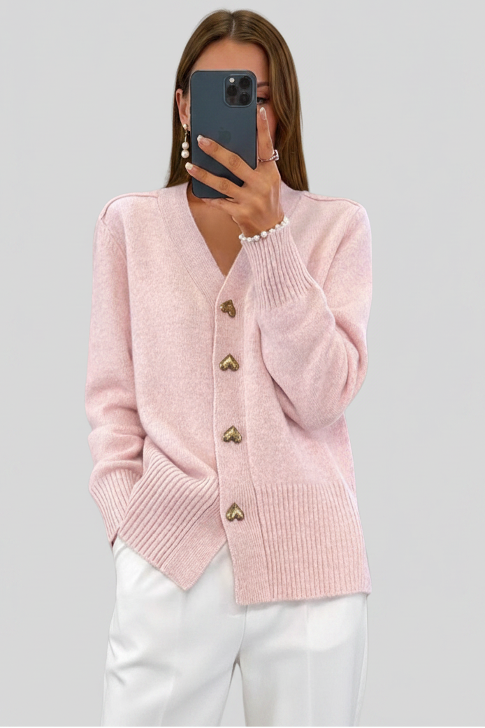Victoria | Chic V-Neck Heart Button Knit Sweater Cardigan