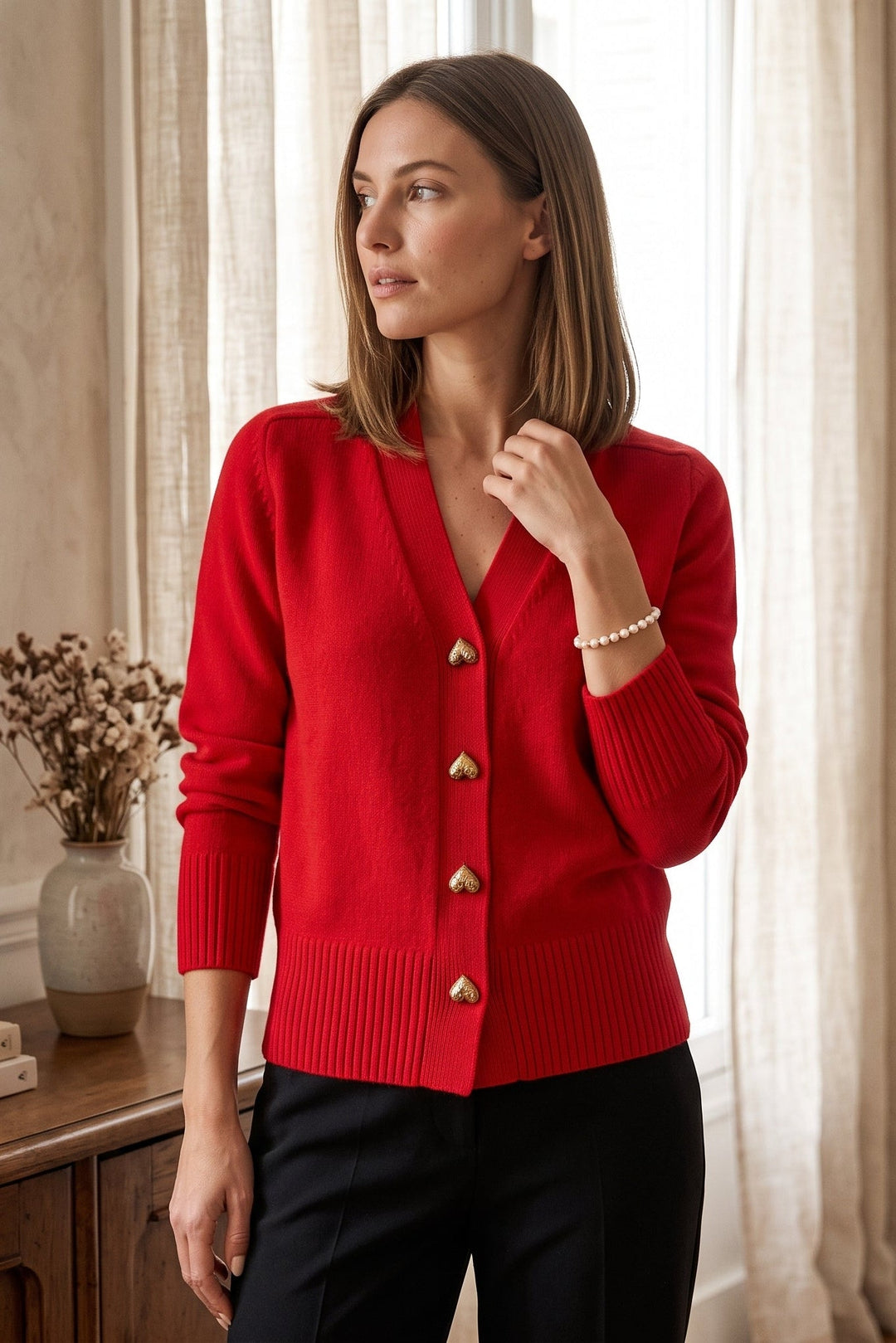 Victoria | Chic V-Neck Heart Button Knit Sweater Cardigan