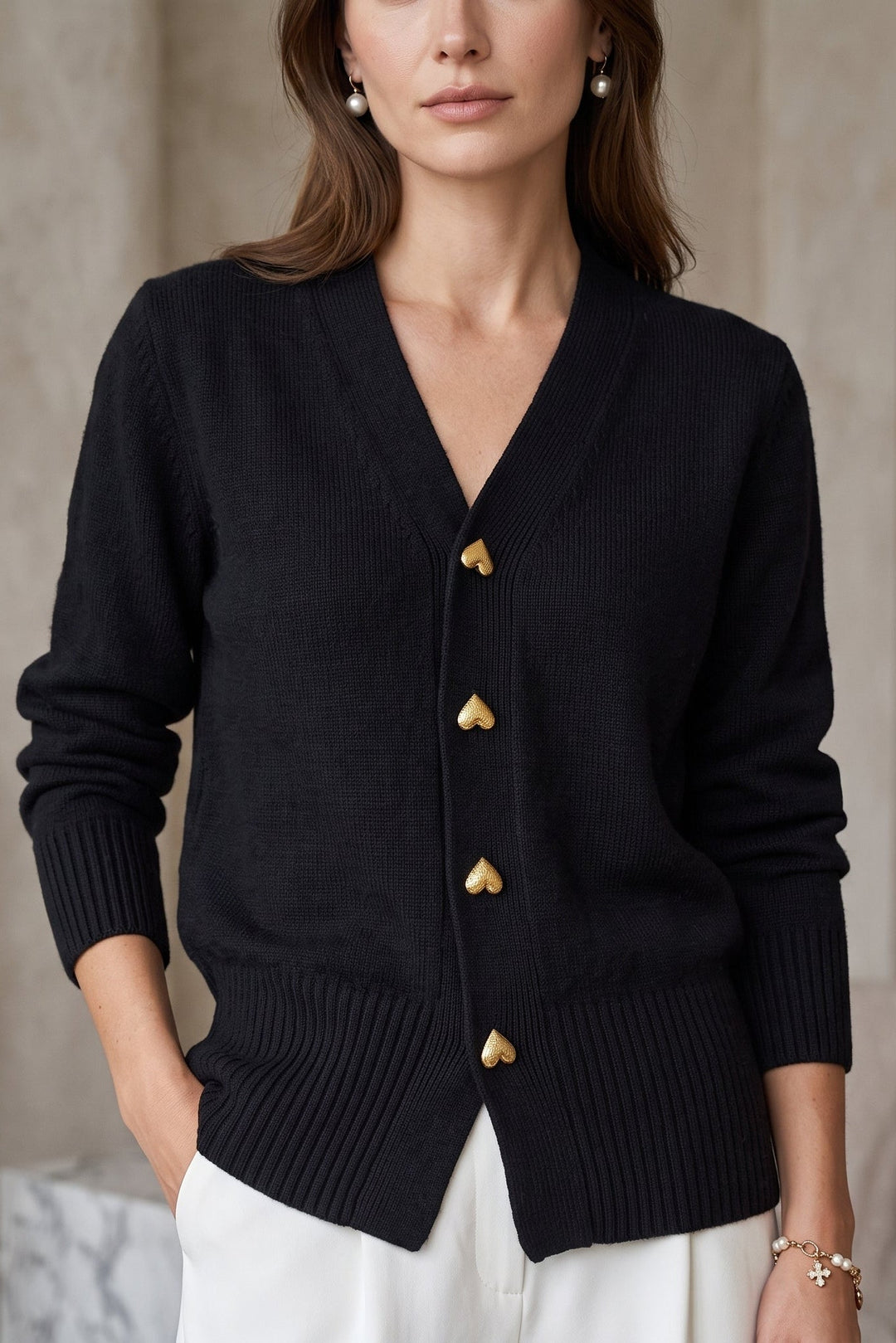 Victoria | Chic V-Neck Heart Button Knit Sweater Cardigan