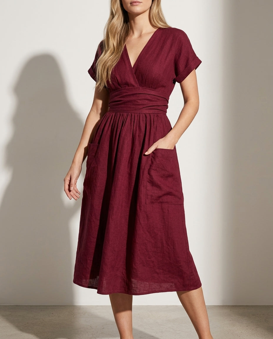 Virginia | Cozy Wrap Fall Wedding Guest Dress with Flowy Midi Skirt