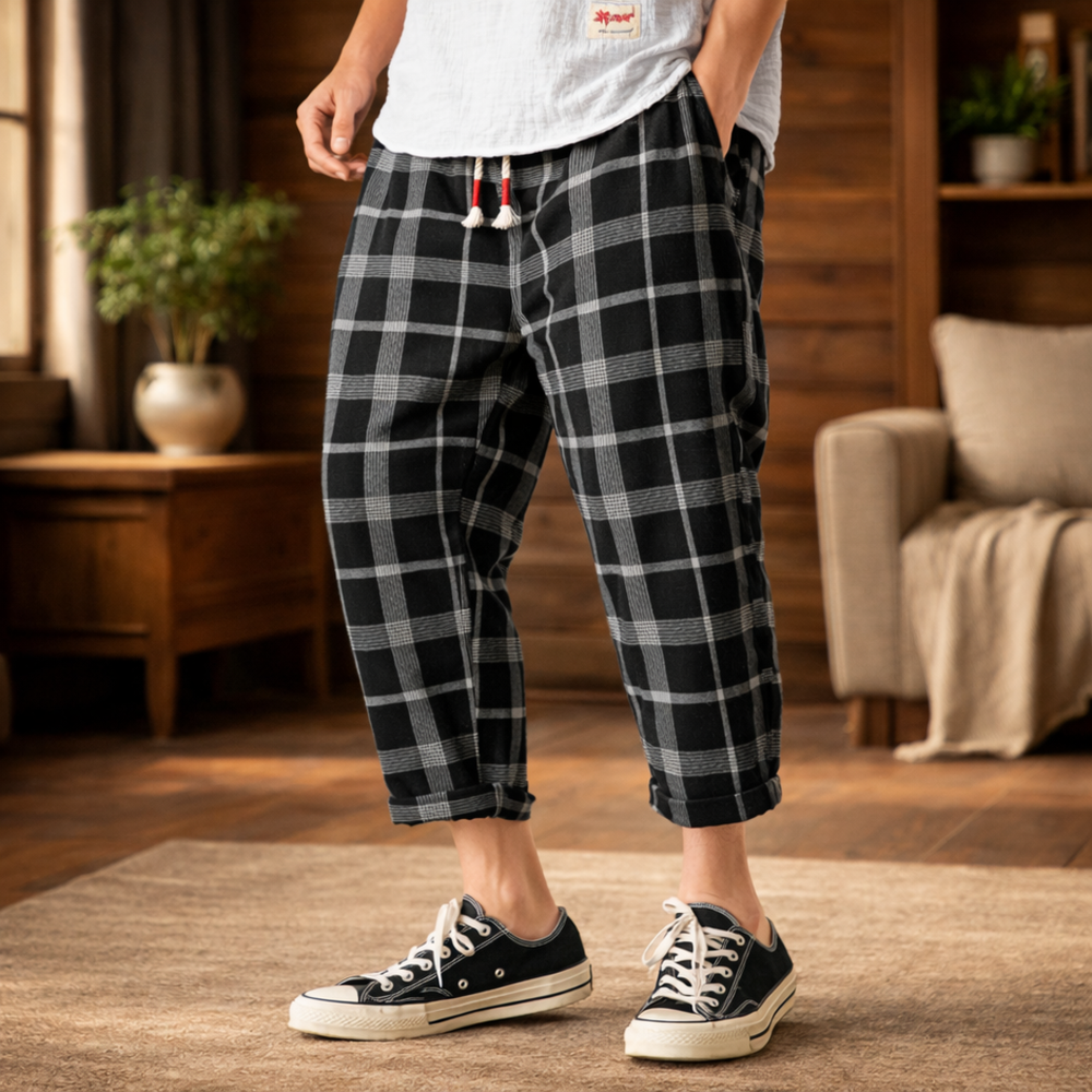 William | Casual Cropped Drawstring Plaid Pants