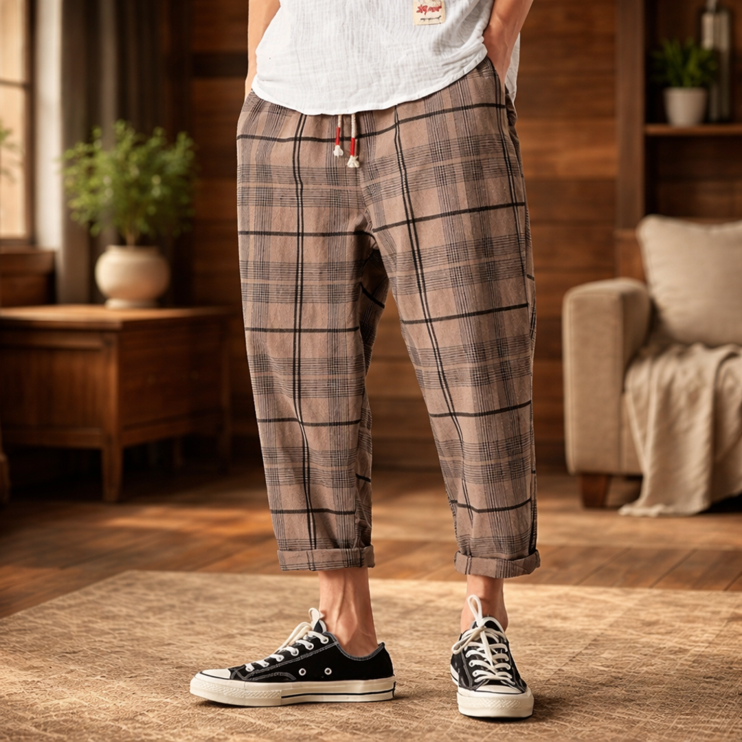 William | Casual Cropped Drawstring Plaid Pants